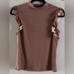 Ava James Women’s Brown Top Keyhole Faux Brown And Beige Ruffle Sleeves Sz Small